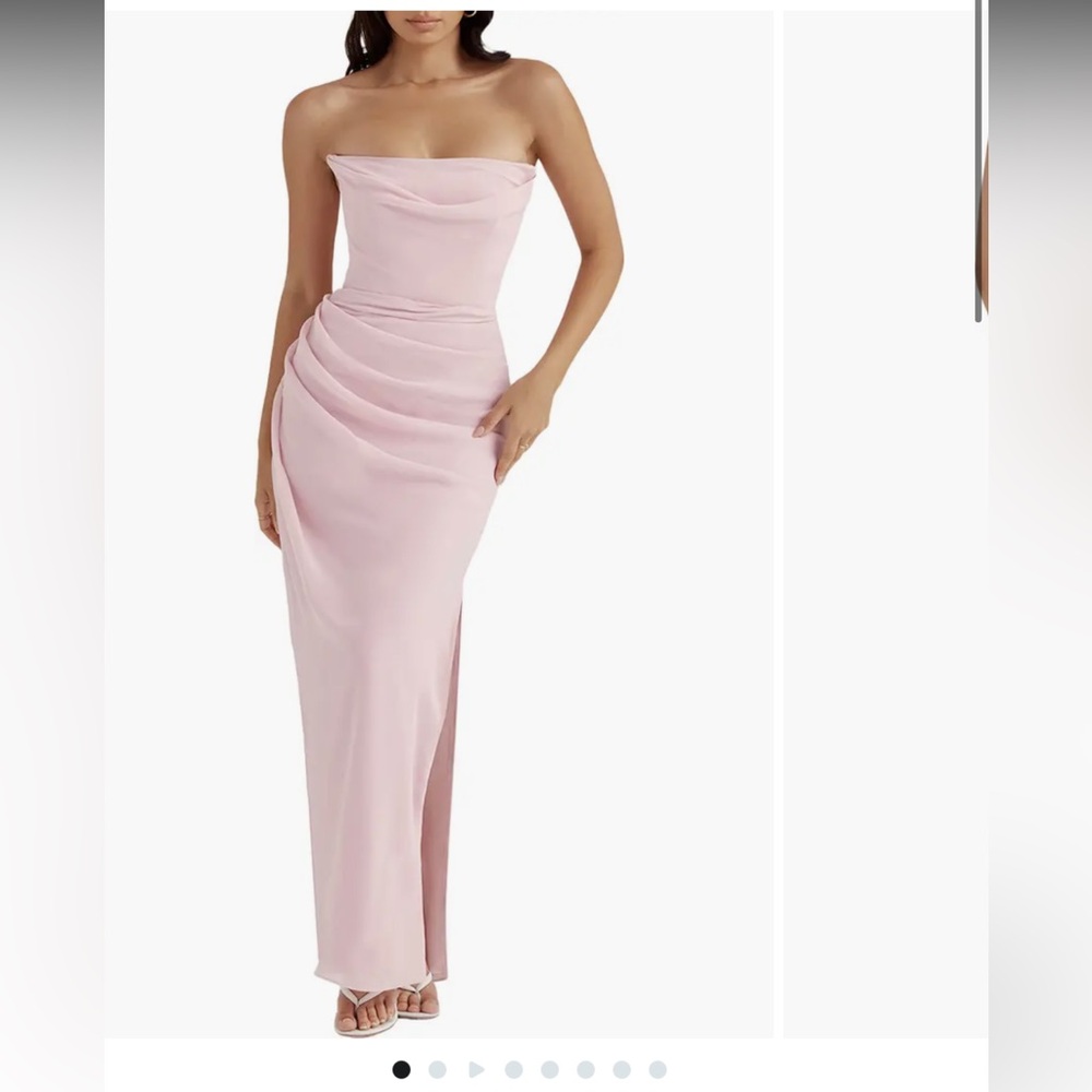 House of CB Adrienne Gathered Strapless Gown in Pink Quartz